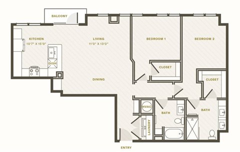 Floor plan for 2 beds, 2 baths, 1262 sqft